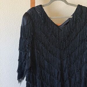 Vintage nightwork, V-neck tiered Elegant Black Fringe mod flapper Dress large